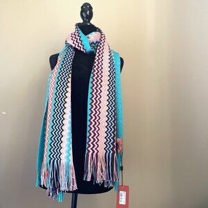 Missoni Wool Blend Fringe Scarf Pink Blue Zigzag Chevron 18x72